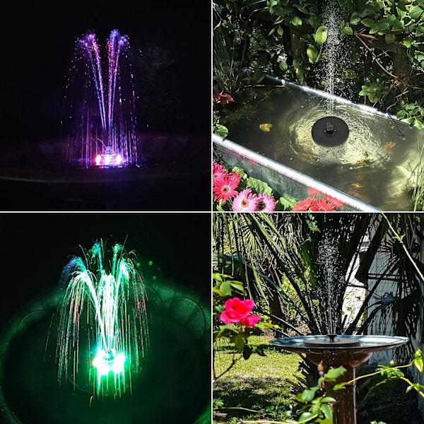 3W solcellsfontän med LED 7 effekter 2000mAh batteri solcellsdammpump solcellsvattenpump vattenfunktion fontän fontänpump för damm fiskdamm fågelbad