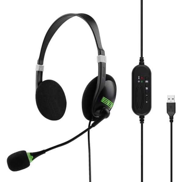 USB-headset, PC-headset med brusreducerande mikrofon och volymkontroll, volymkontroll, stereo-PC-hörlurar för bärbar dator callcenter kontor webinar