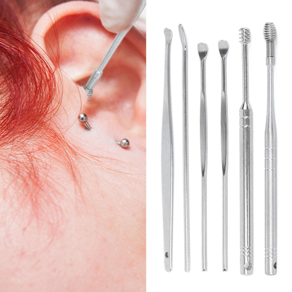 6 st / set Öronvax Plockare Rostfritt Stål Öronvax Remover Rengöringsverktyg med Box