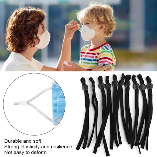 200 st elastiska band med justerbart spänne, stretchig öronögla, rep, snöre för sömnad, svart platt
