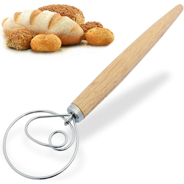 Degvisp - Brödtillverkningsverktyg - Bröddegmixer Hand - Bröddegvisp för bakverk - Stor svensk visp i rostfritt stål med trähandtag