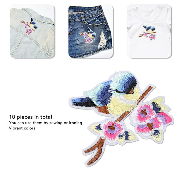 10 st sy på lappar fågel blomma stil ljusa färger enkla att använda broderi applikation för kläder väskor DIY