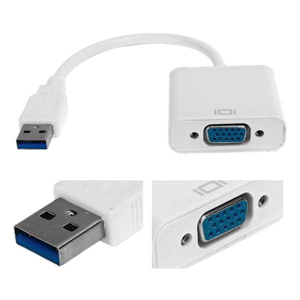 USB3.0 till VGA-omvandlare 5Gbps HD 1080P Adapterkabel 15Pin Hona Extern Videokort Vit