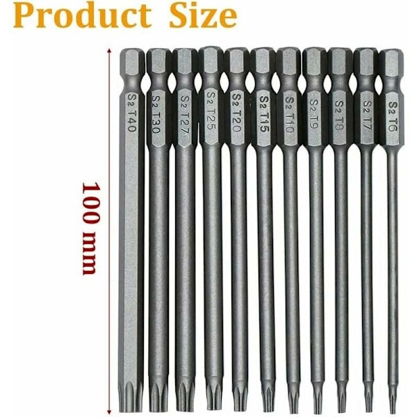 11 st 100 mm S2 1/4 tum Torx skruvmejselbitar Precision Hex Shank borrbit magnetisk säkerhetsskruvmejsel T6-T40 Långt huvud Torx skruvmejsel -