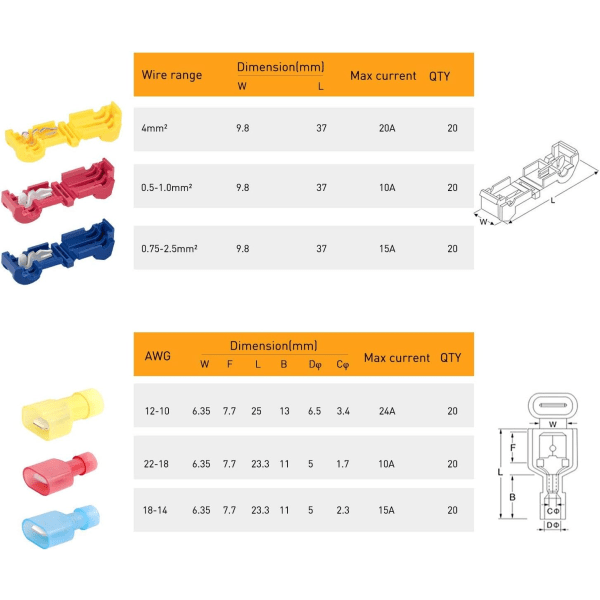 Elektrisk T-kontakt Ledningskontakt, 120 st Elektriska T-tappkontakter, T-tapp Snabbkontakt, Elektrisk Lug Snabbkontakt