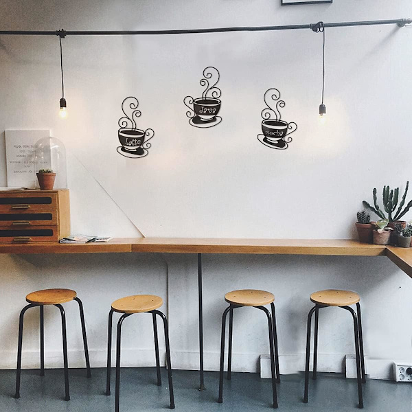 3-delad väggdekoration i metall med kaffekoppar och eleganta bokstäver \"Mocha\", \"Latte\" och \"Java\", väggkonst i metall för kök, kafé, tehus, restaurang