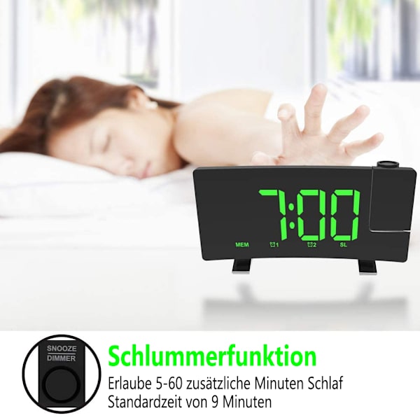 Projektionsväckarklocka, digital väckarklocka med projektion, radioväckarklocka med USB-port, dubbel alarm, 5 alarmtoner med 3 volymer, 0-100%