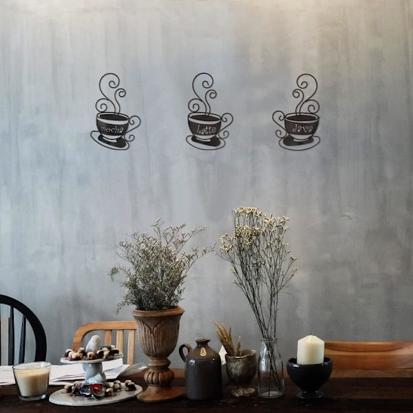 3-delad väggdekoration i metall med kaffekoppar och eleganta bokstäver \"Mocha\", \"Latte\" och \"Java\", väggkonst i metall för kök, kafé, tehus, restaurang