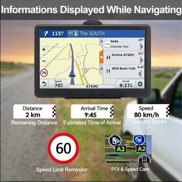 Universal 7-tums GPS-navigator för bil med högupplöst pekskärm och fäste för lastbil