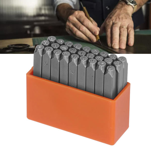 27 stämplar i metall, orange, med hög kolhalt, stämpelset med gemener i metall för smycken och läder med låda