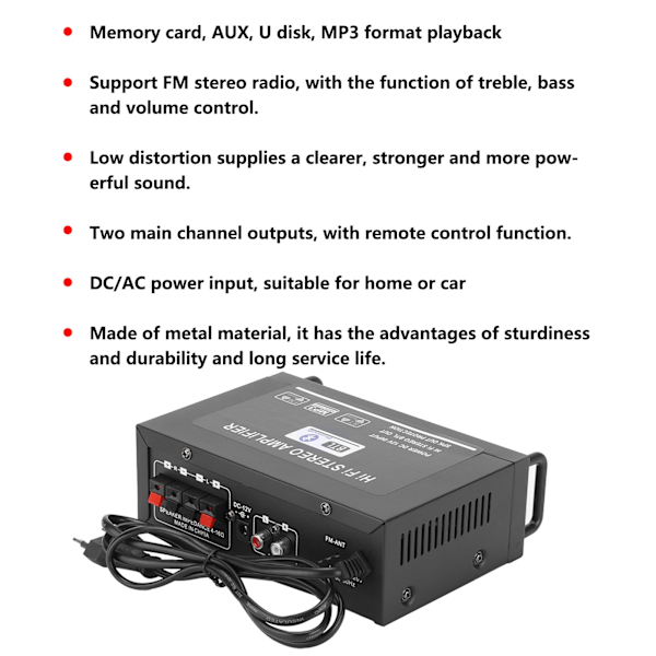 2-kanals förstärkare Mini Bluetooth USB/FM Smart Digital med fjärrkontroll EU-kontakt 220V