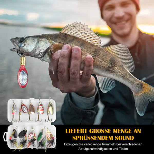 Fiskedrag, 10 stycken spinner set, flerfärgad fiskespinnare, skeddrag, med diskantkrokar, för öring, abborre, lax, gädda,