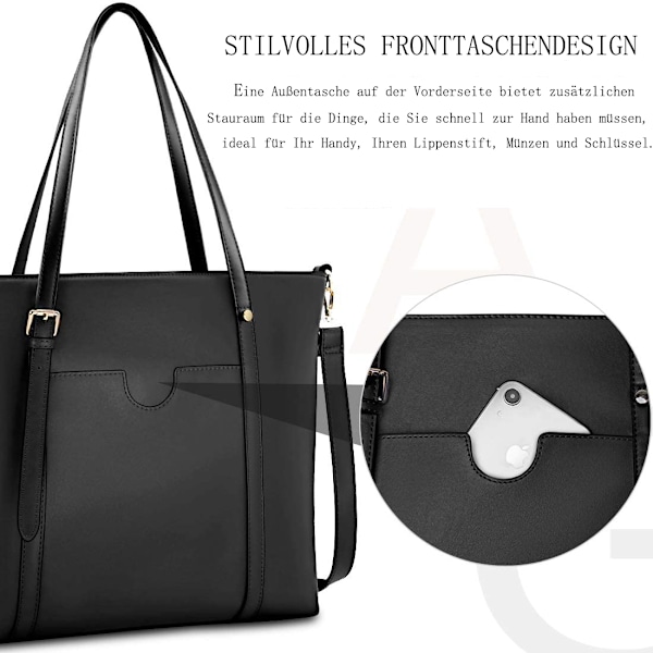 Damstor 40 cm PU Läder Shopper Svart Laptop Axelväska Stor Business Portfölj Retro Väska Polyuretan, Svart