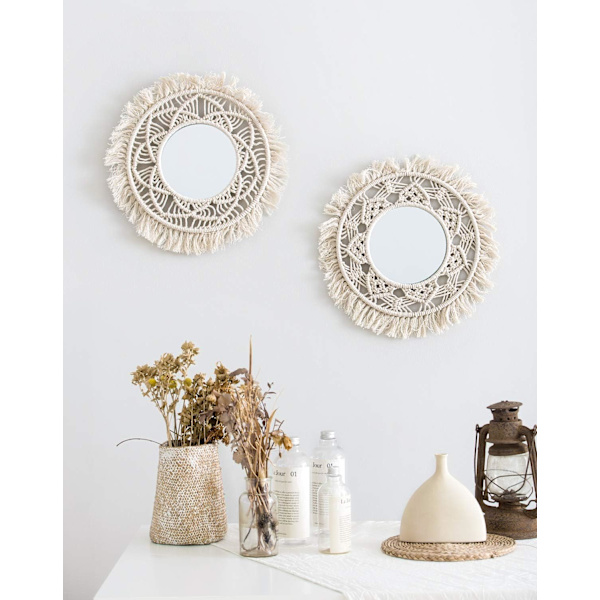 Väggmonterad spegel med fransar i macramé, 2 set små runda dekorativa boho antika speglar för lägenhet vardagsrum sovrum baby