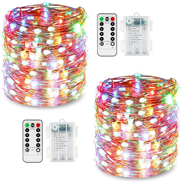 2-pack LED-ljusslingor 10m 100 8 lägen utomhusbelysning koppartråd batteridriven IP67 vattentät med fjärrkontroll och timer för utomhus,