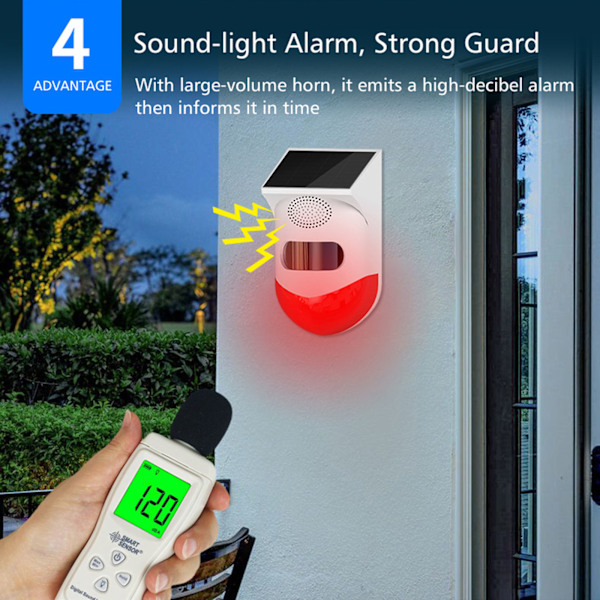 [通拓商品] Soldriven Trådlös Oberoende Infraröd Rörelsesensor Detektor Stroboskop Siren 120dB Alarm Vattentät PIR-sensor