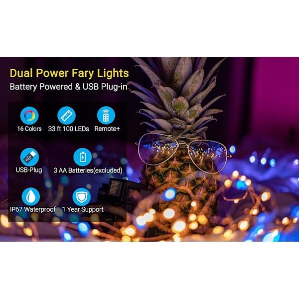 Fairy String Lights Batteridriven & USB Plug-in 33Ft 100 lysdioder 16 färgskiftande lampor och 8 lampor läge Fjärrkontroll Vattentät 3AA case,