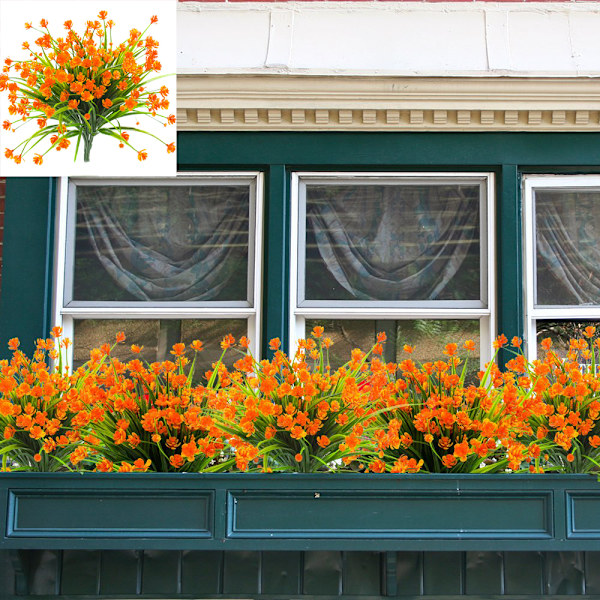 Konstgjorda falska blommor, 4 buntar utomhus UV-beständiga grönskande buskar växter inomhus utomhus hängande planterare hem trädgård dekor（Orange）