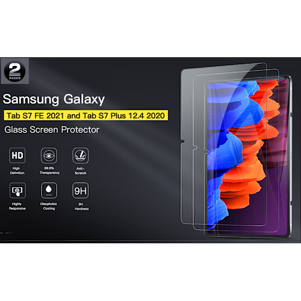 Skärmskydd med enkel installation, 2-pack antireflex för Samsung Galaxy Tab S7 FE 2021/S7 Plus, Högupplöst 9H Hårdhet Härdat Glas, Repskydd