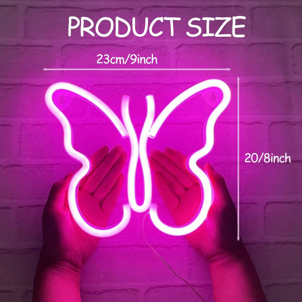 Fjärilsneonljusskylt - Rosa LED-neonljus för väggdekor, USB- eller batteridriven för sovrum, barnrum, vardagsrum, bar, fest, jul,