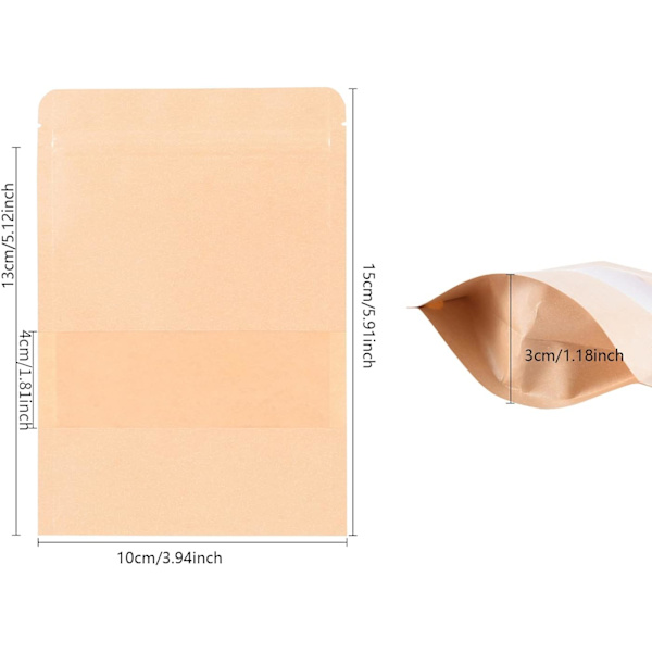 BaoWnylz 100-pack papperspåsar med fönster, ståpåsar med visningsfönster, små papperspåsar som rymmer te (10 x 15 x 3,5 cm), för förpackning