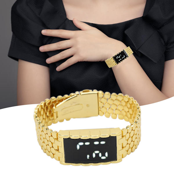LED-klocka Dubbel öppen rostfritt stål spänne metallband rektangulär urtavla digital armbandsur för utomhusaktiviteter Guld