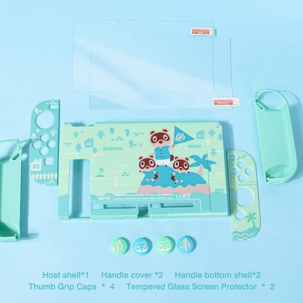 (Switch OLED skyddsfodral - 211 - Animal Crossing klassisk) + (SWITCH + joystick-skydd - en vit med bladgrön bakgrund + en vit med bladblå