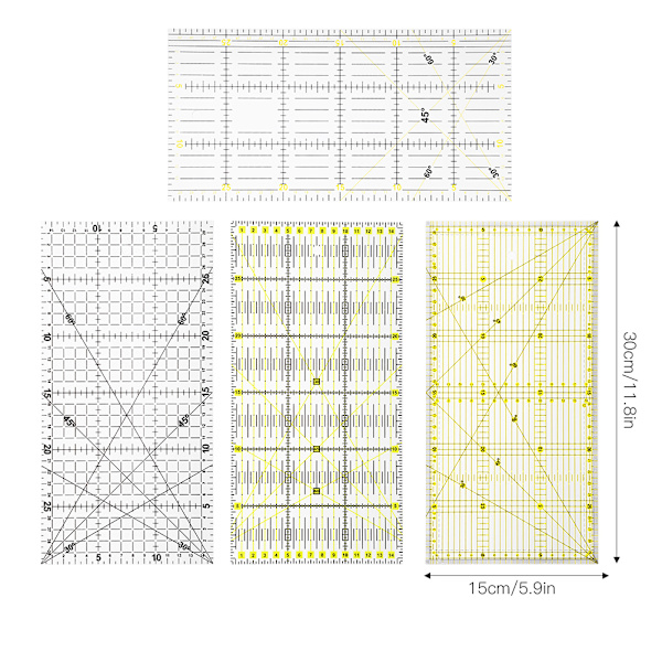 4 st sy- och quiltlinjaler, ritverktyg, gör-det-själv-hantverk, skala, mätverktyg, 15 x 30 cm, med rutnät