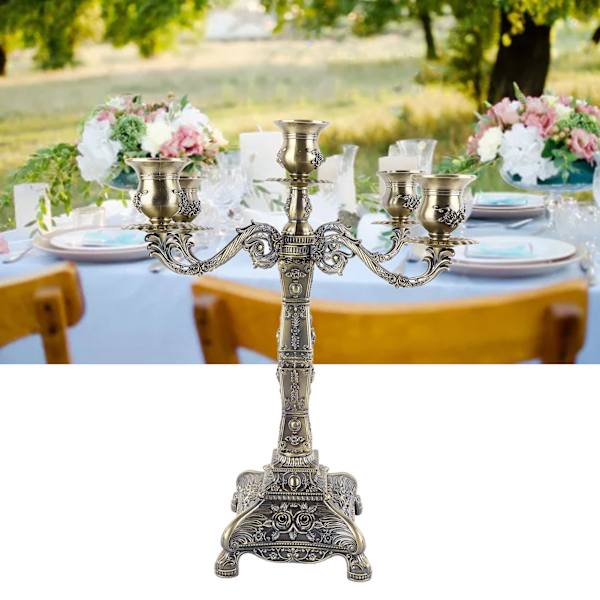 Metallarm Candelabra Europeisk stil Retro Ljusstakehållare Romantisk Ljusstake Dekoration för Bröllopsmiddag Fest Brons Fem Huvuden