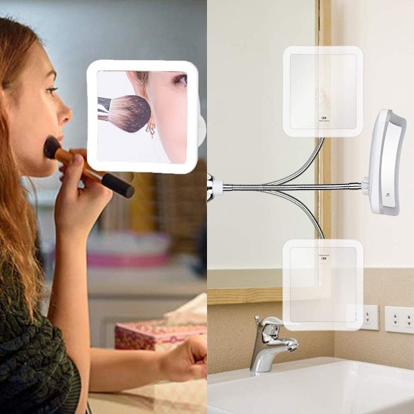 Förstorande spegel, 10x LED-upplyst spegel med stark sugkopp, flexibel svanhals och 360 graders vridbar för badrum och resor,