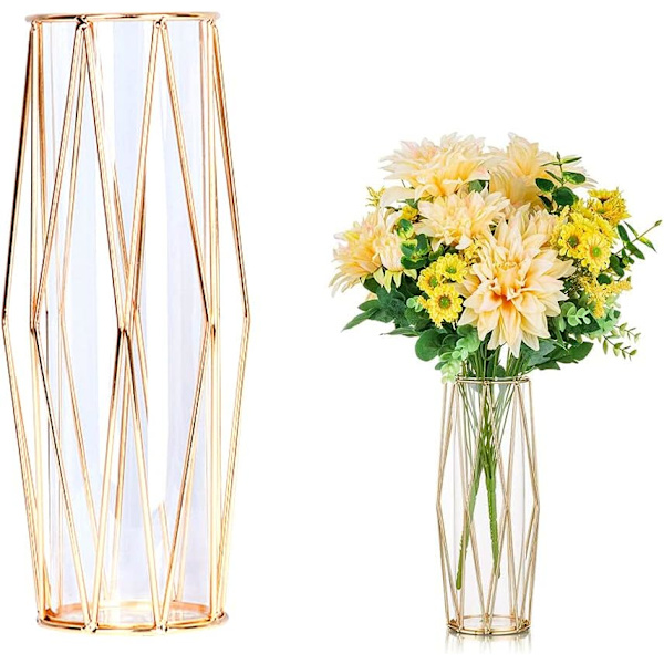 Glasvas, cylindrisk vas, metallvasstöd, vasdekoration, klar glasvas