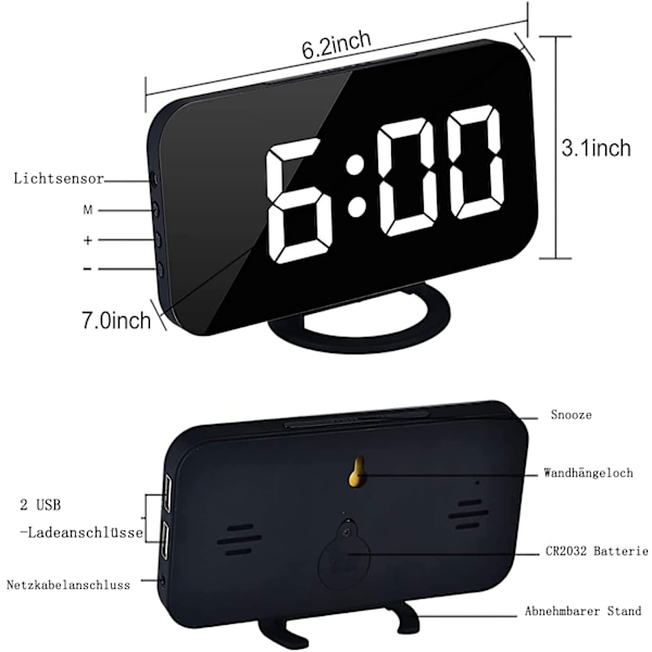 Digital väckarklocka, sängväckarklocka, LED-spegelväckarklocka, 2 USB-laddningsportar, snooze-läge, automatisk ljusstyrkejustering, enkel att ställa in, den