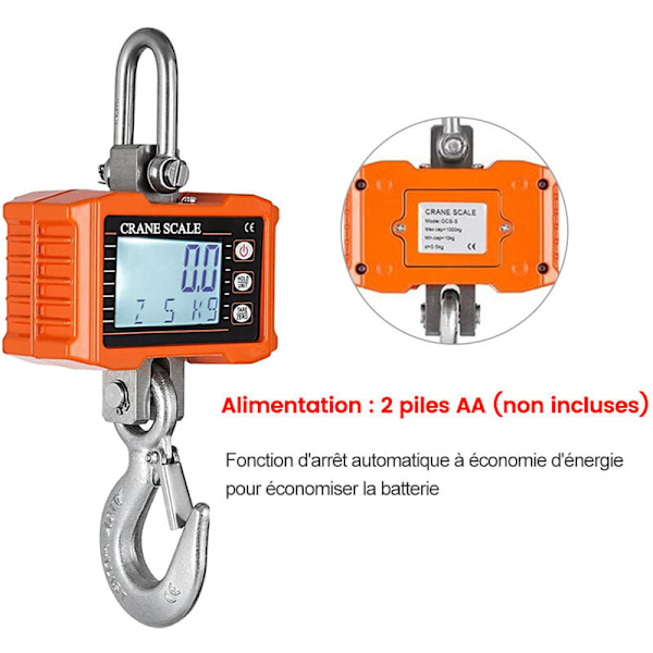 1000 kg elektronisk krokvåg med bakgrundsbelyst LCD-display kg/lbs enhetsbyte datahållning tara nollställ orange (utan batteri)
