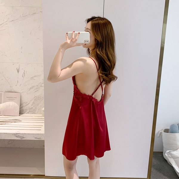 Kvinnors spetsklädsel Satin Nattlinne med slits på sidan Brudlinne Nattlinne red XL