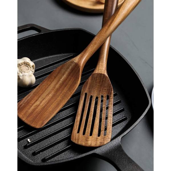 Träslev med slits för matlagning, naturligt teakskaft, träslev med slits, handgjord för köksredskap med non-stick-beläggning