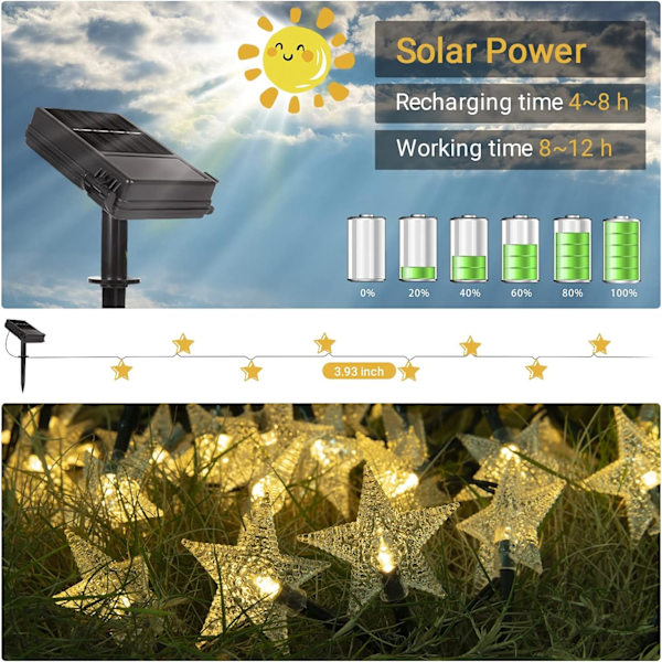 Utomhus stjärna solslingor, 23 fot 50 tum LED julslingor, solenergi julljus 8 mönster juldekoration ljus trädgård