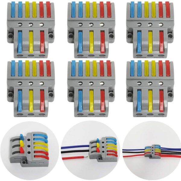 Anslutningsterminaler, 6 st elektriska kontaktdon med manöverspak, kompakt automatisk elektrisk anslutningsterminal, 3 in 6 ut, med montering