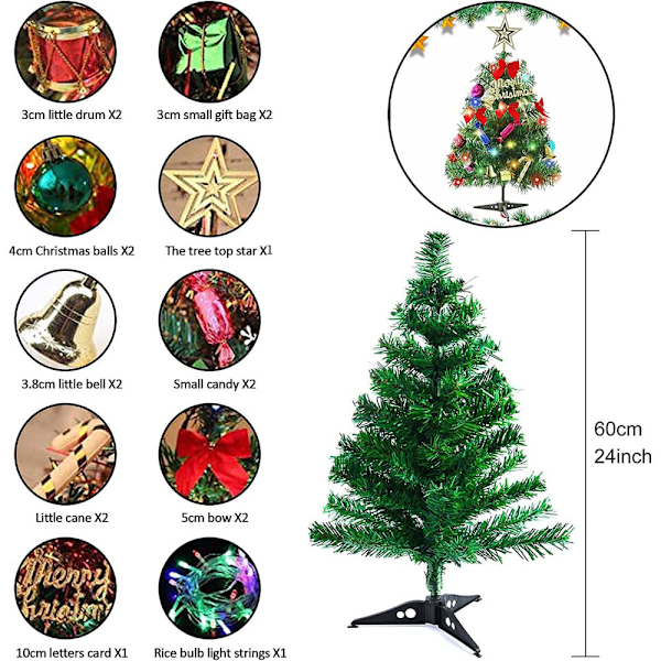 Högkvalitativt PVC-material, Mini Julgran: 60 cm Bordsgran Konstgjord Julgran med Stabil Metallstam, Realistiska Frodigt Gröna Grenar,