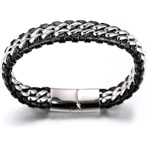 Pojkar Barn Armband Handgjorda | Äkta Läder Svart | Magnetlås Rostfritt Stål I Silver | Med Titankedja I Guld