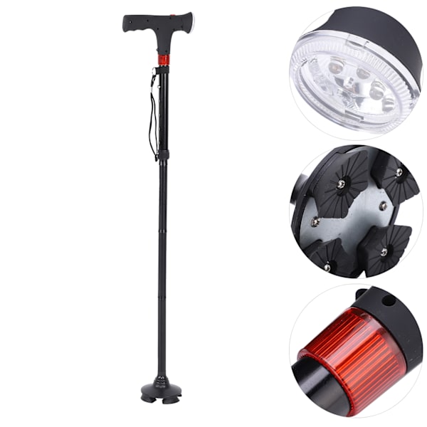 Fällbar lätt käpp i aluminiumlegering för äldre, fyrfotad med lampa, halkfri käpp