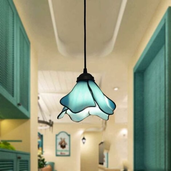 Fabrikspris Europeisk Tiffany E27 Pendellampa Romantisk Medelhavsljuskrona Höjdjusterbar Blå Glas Hängande Lampa Matrum Barn