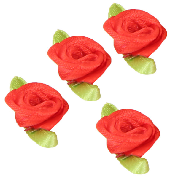 450 st mini bandros dekoration rosett blomma med blad prydnad för DIY sömnad hantverk röd