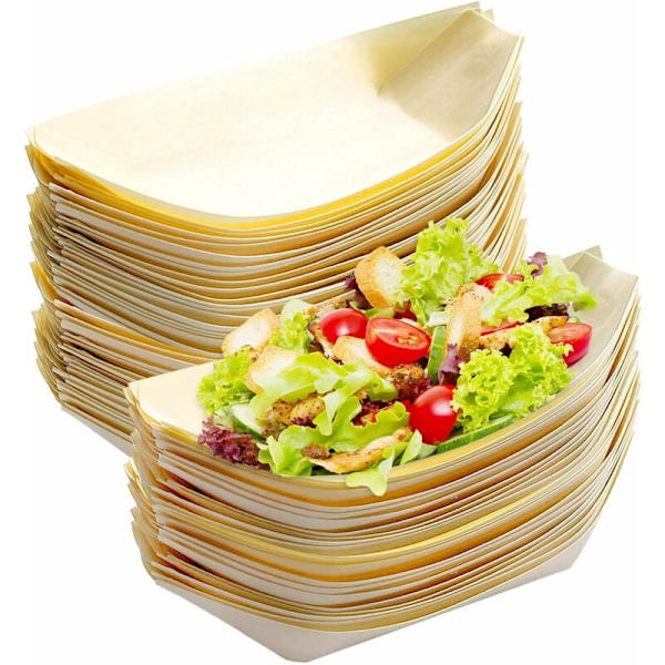Engångsskål, 100 st nedbrytbara träskålar, båtformad träplatta 17 x 8 cm, idealisk för aptitretare, korv, pommes frites, sushi, munkar, varm