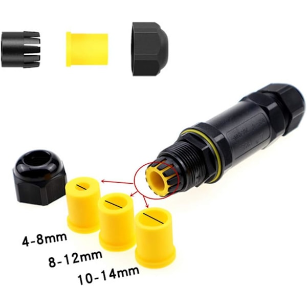 T-typ vattentät kopplingsdosa utomhus kabelkontakt, IP68 vattentät 3-vägs kabelkontakt yttre hylsa koppling för Ø4-14mm kabeldiameter