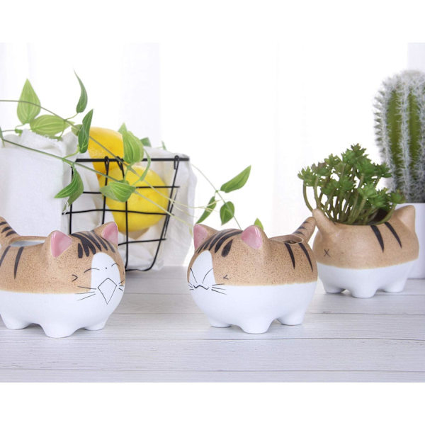 Original Design Handgjorda Mini Söta Tecknade Keramik Succulent Krukor Planteringskärl Katt, med Dräneringshål, Blomkruka, Keramiska Prydnader Kattgåvor för Katt