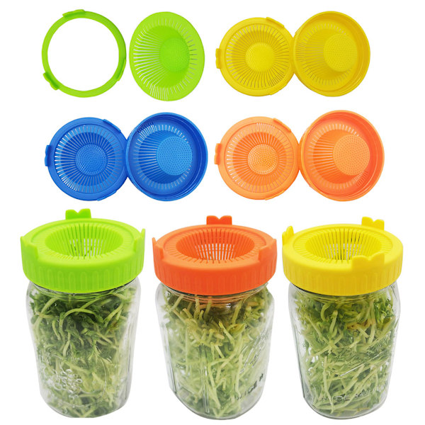Groddningsunderverk, BPA-fria plastlock för ekologiska groddar, Uppgraderad enkel skölj- och dräneringsdesign, 4-pack för burkar med bred öppning, Miljövänliga
