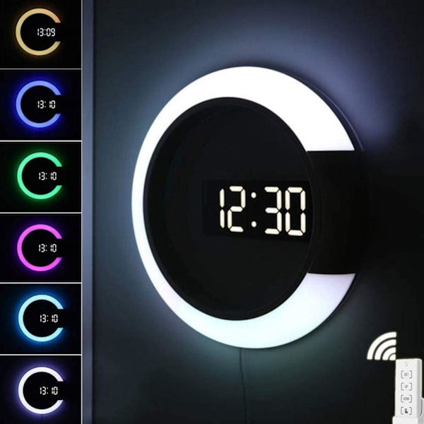 LED-väggklocka, 7 färger kan justeras temperaturdisplay väckarklocka, vardagsrum sovrumsdekorationer