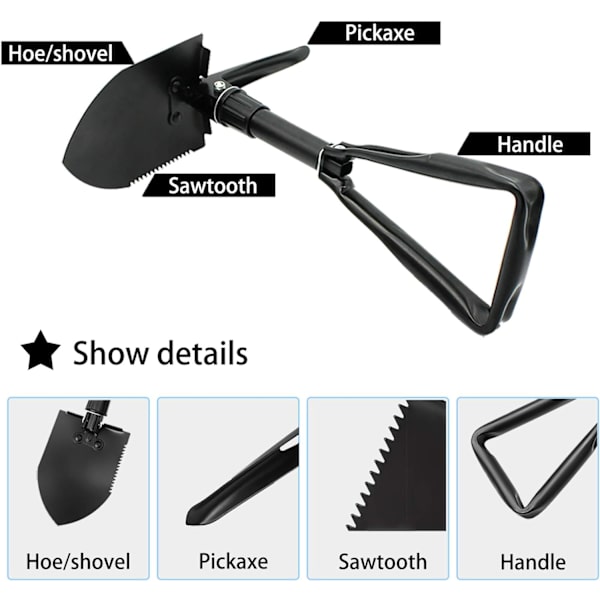 Camping Multifunktionell Fällbar Spade, Avtagbar Bärbar Spade Kit, Spade för Camping, Strand, Vandring, Utomhus, Fiske, Trädgårdsskötsel, Auto