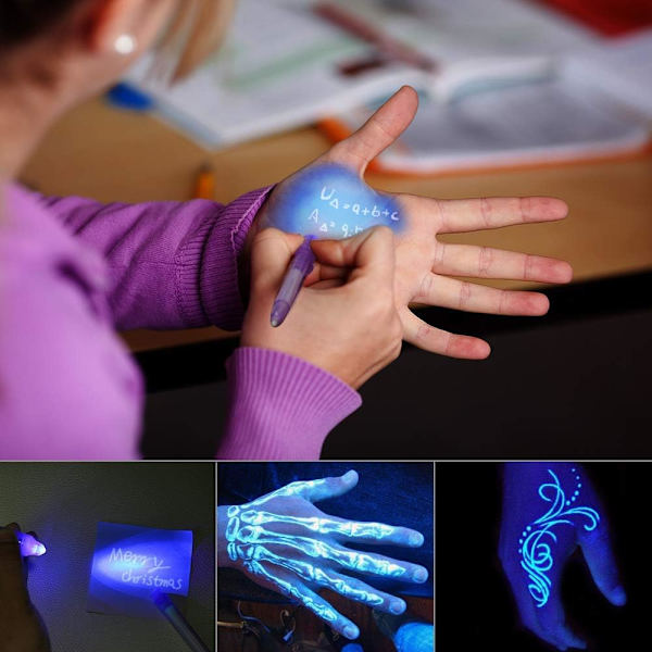 4-pack hemliga pennor med UV-ljus, läsbar av ljus, UV-penna, festpåsar, magiska pennor, barnpennor för barnkalas, detektiv