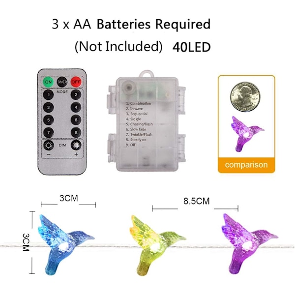 Kolibri dekorativa ljusslingor, 13,85 fot 40 kallvita LED-lampor väderbeständiga batteridrivna 8 lägen fjäderljusslingor för semesterfester